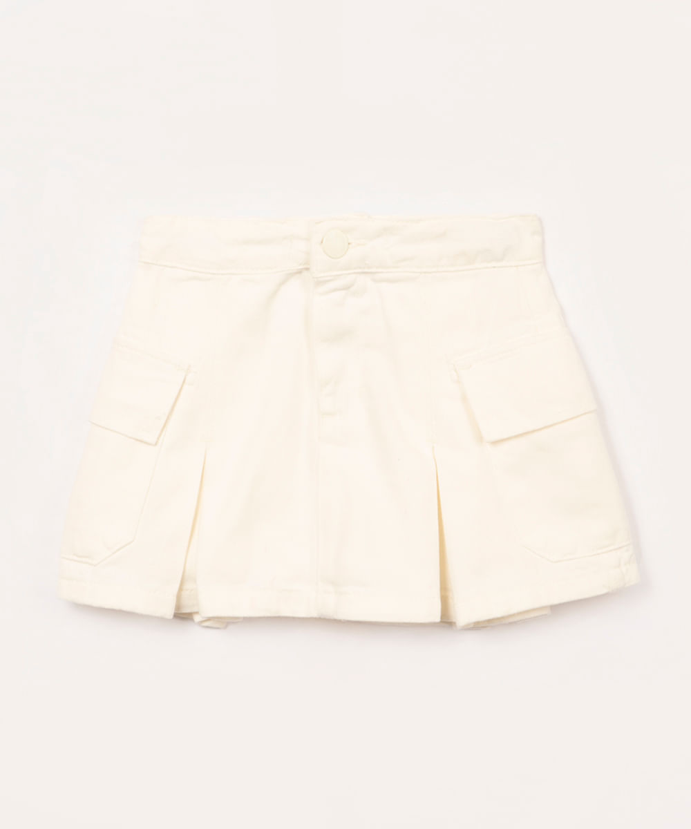 short saia infantil cargo com pregas e bolsos off white