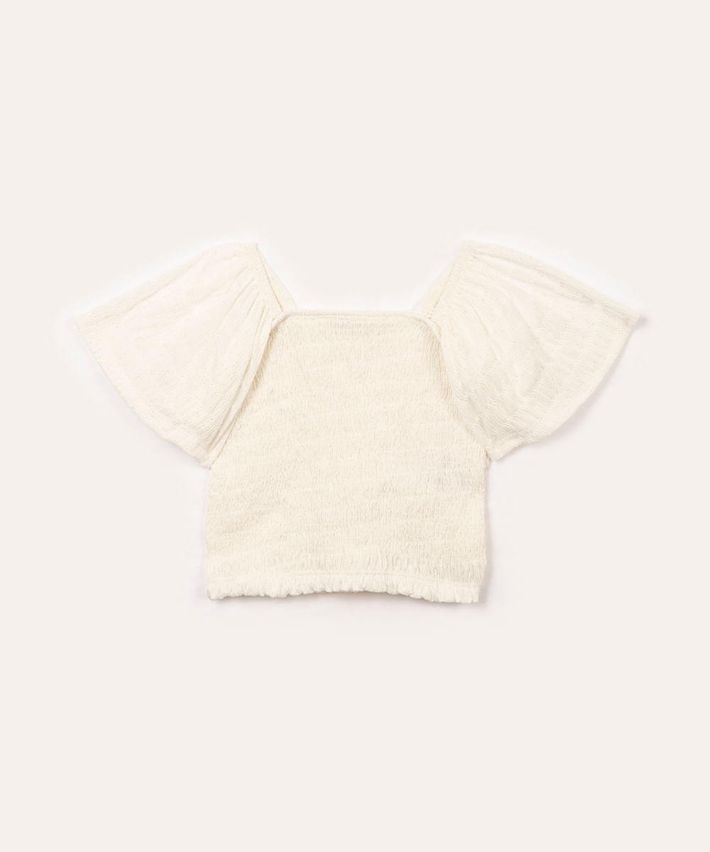 blusa cropped infantil de lastex manga babado off white