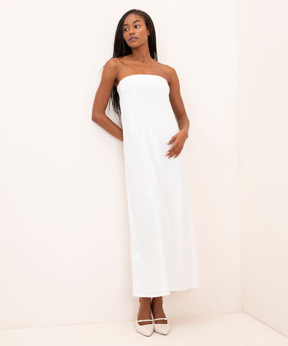 vestido midi de paetê decote reto sem alças mindset branco