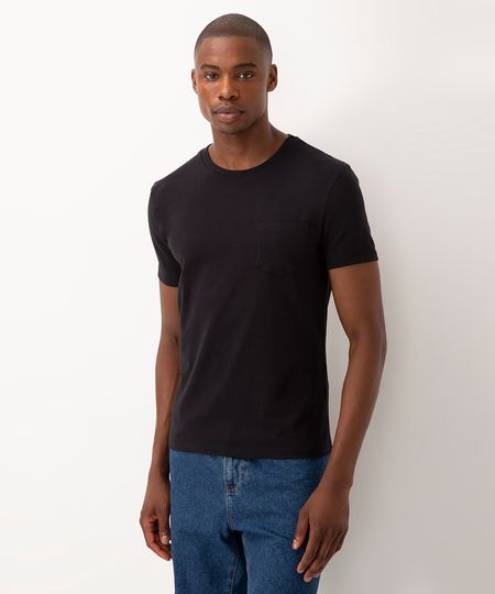 camiseta de algodão básica com bolsos manga curta preto P