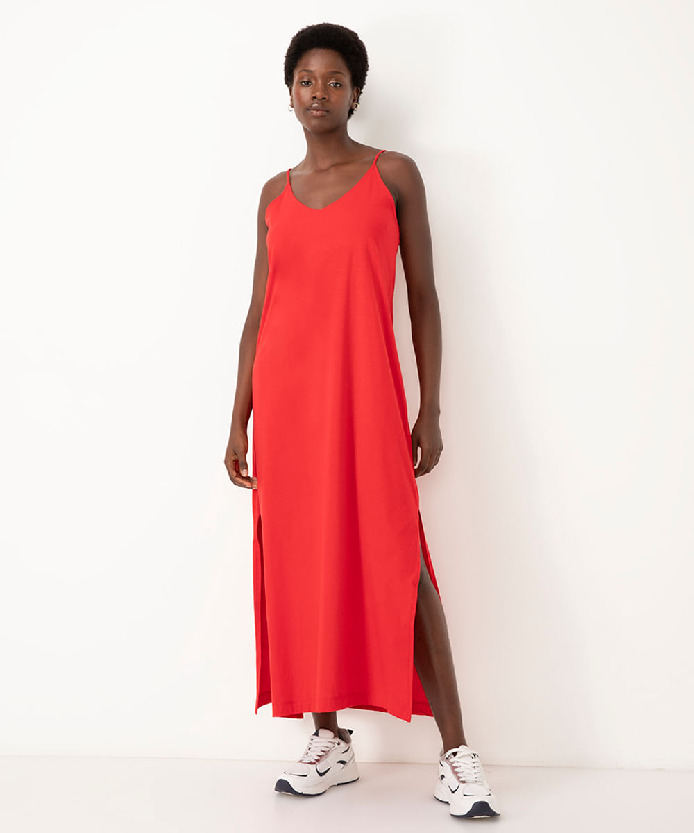 vestido longo básico de algodão alça fina vermelho escuro