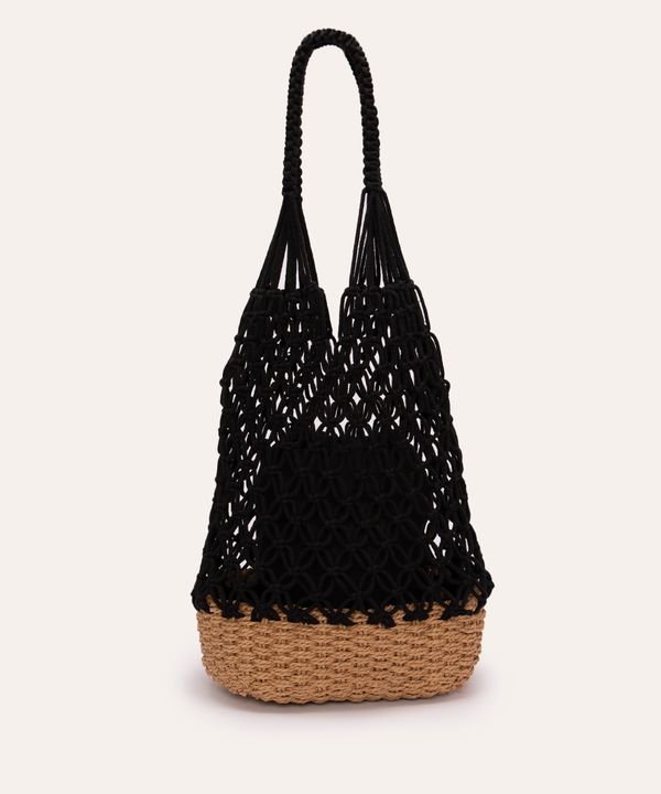 bolsa bucket com crochê e cestaria preto - preto Único