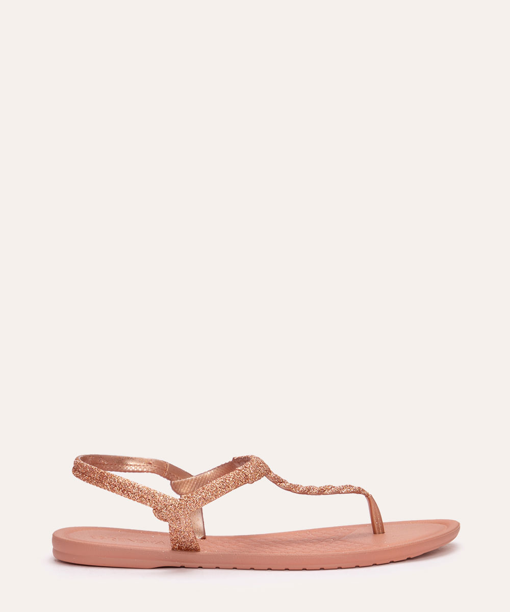 sandália reluzente flat texturizada grendha rose