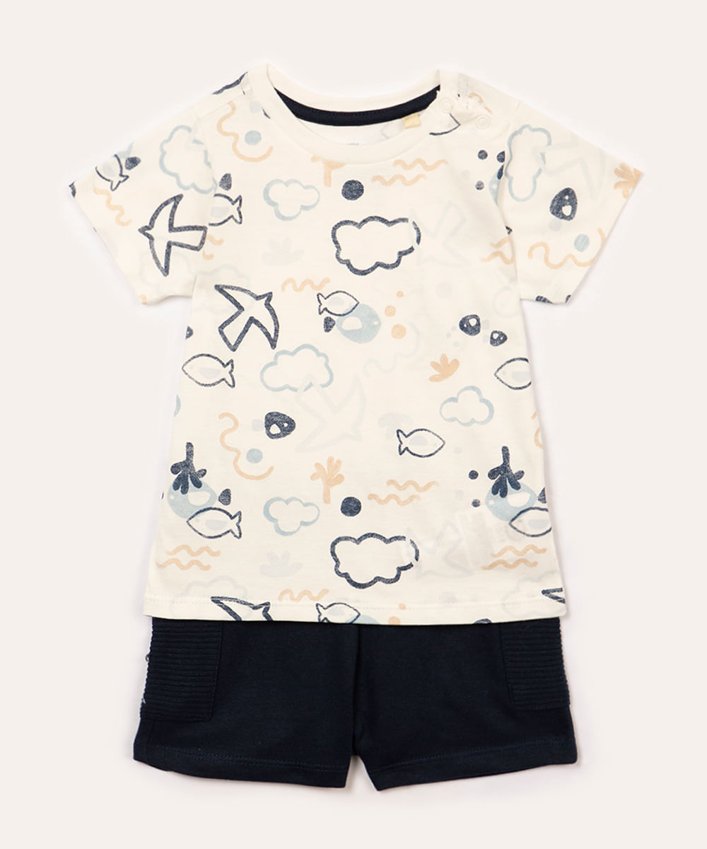 conjunto de algodão infantil peixes manga curta off white