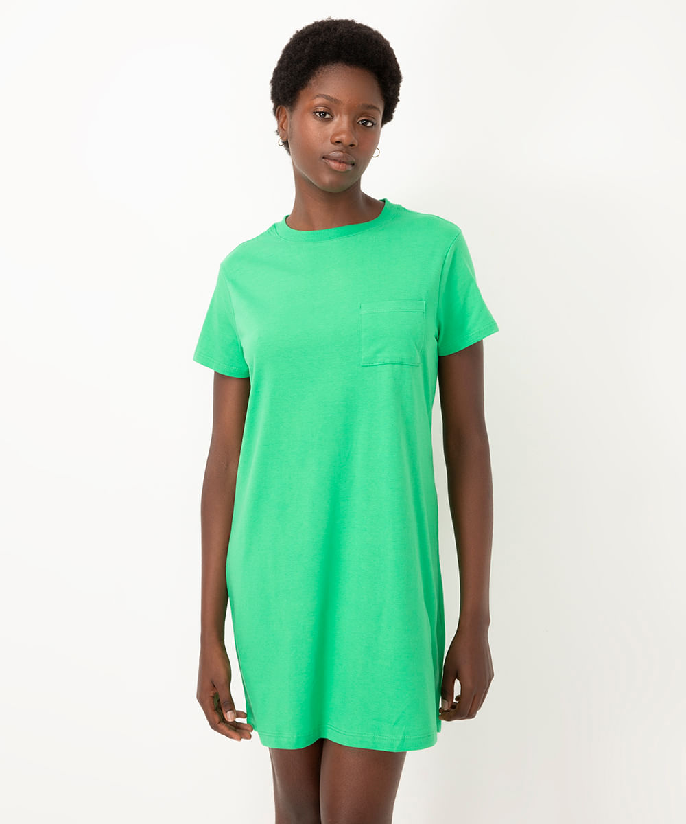 vestido básico de algodão manga curta verde
