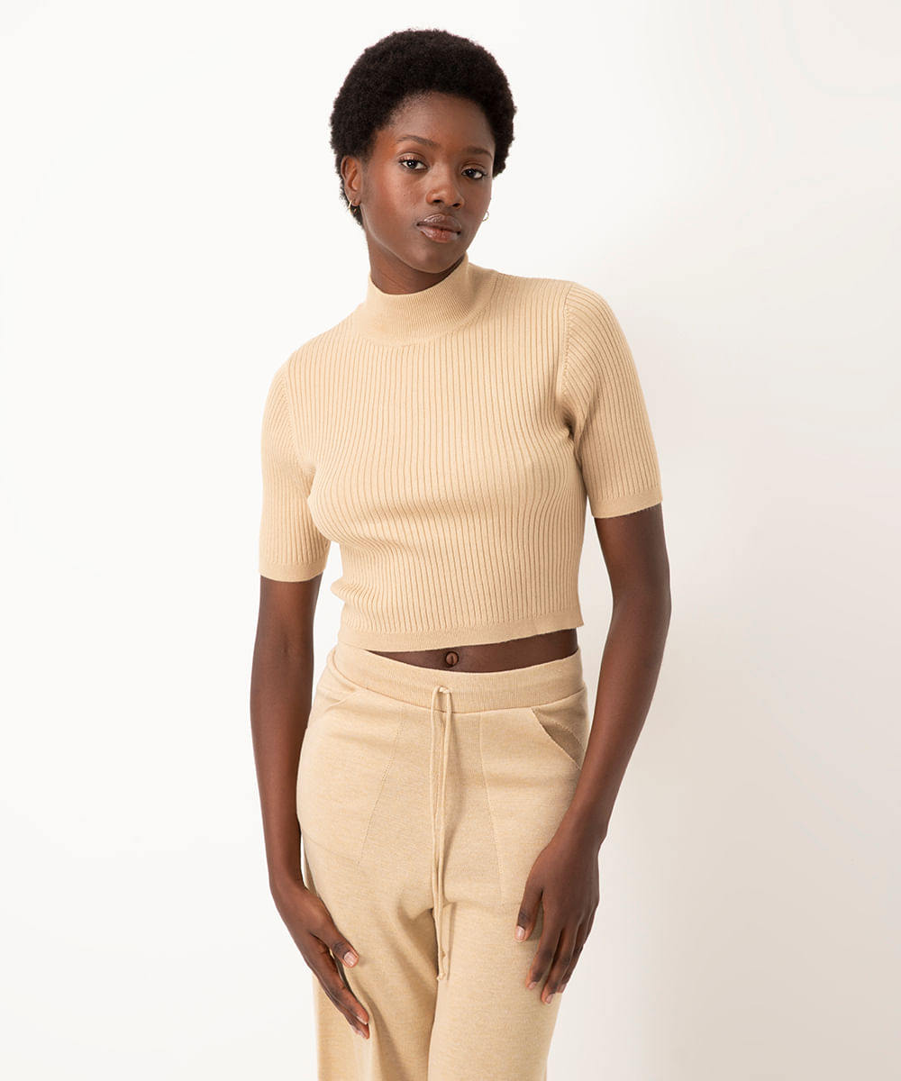 cropped de tricot gola alta manga curta kaki