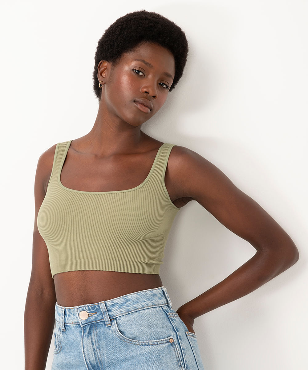 cropped básico de poliamida areia - verde mate