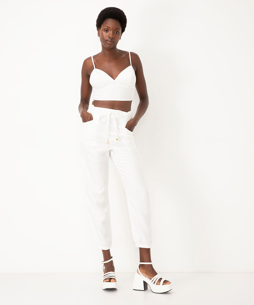 calça jogger de viscose cintura alta com elástico off white