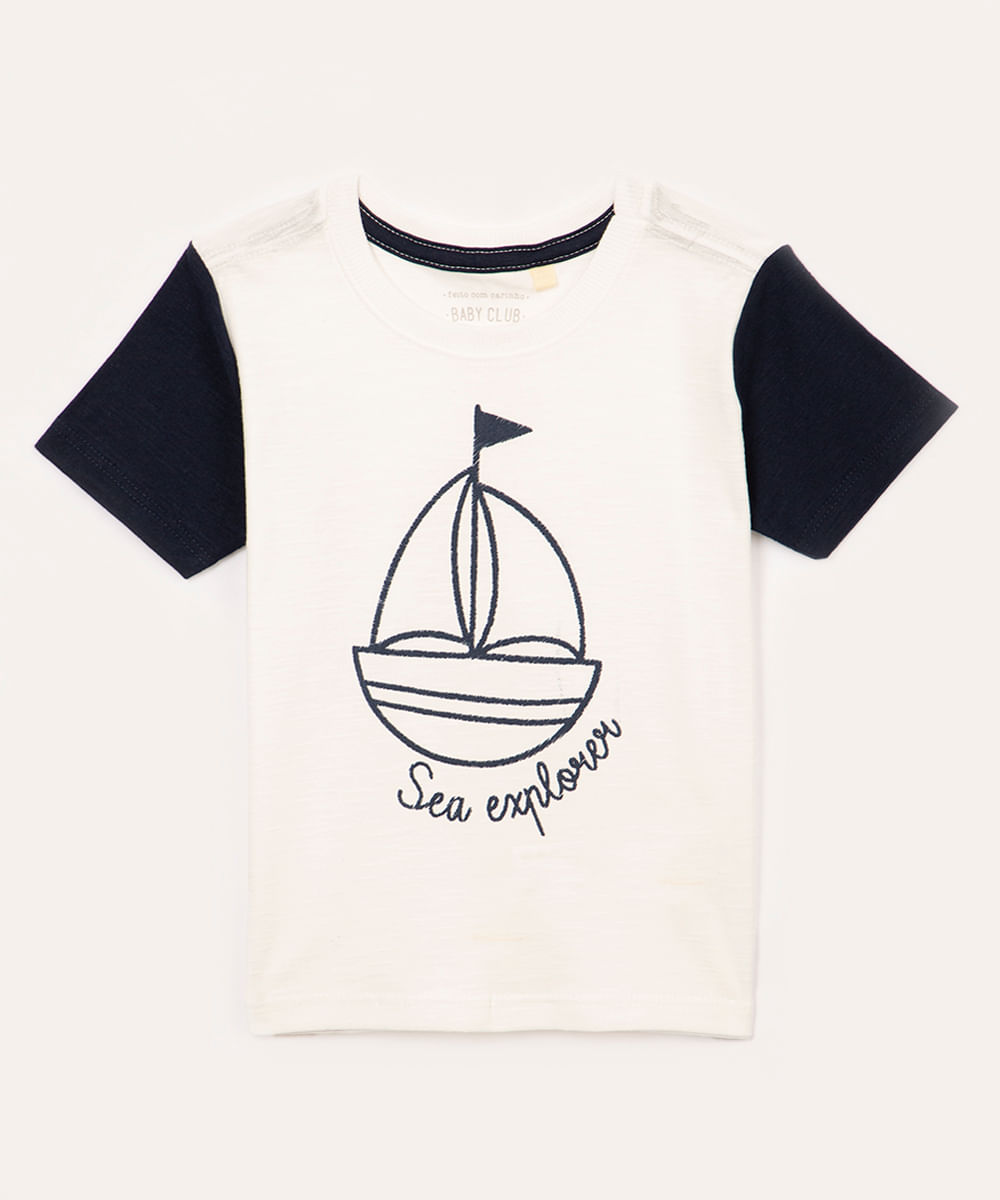 camiseta infantil de algodão bordado sea explorer manga curta branco