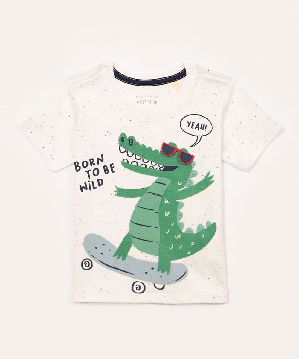 camiseta infantil de algodão jacaré interativo manga curta branco