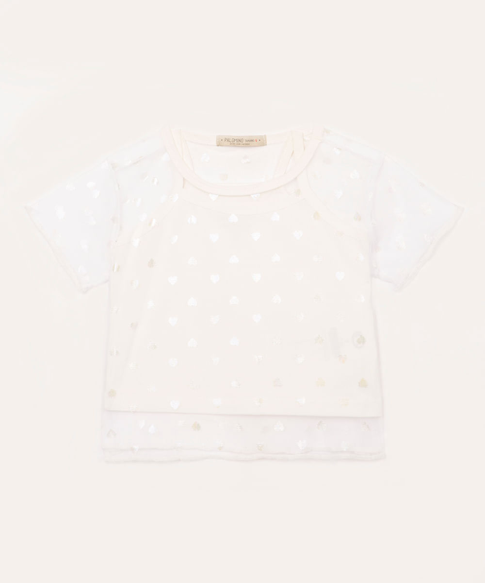 blusa infantil de tule com coração holográfico off white