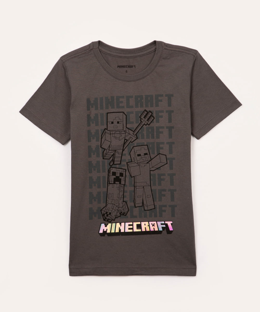 camiseta infantil de algodão minecraft manga curta cinza