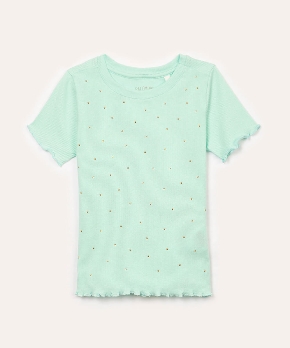 blusa infantil de algodão com tachas manga curta frufru verde claro