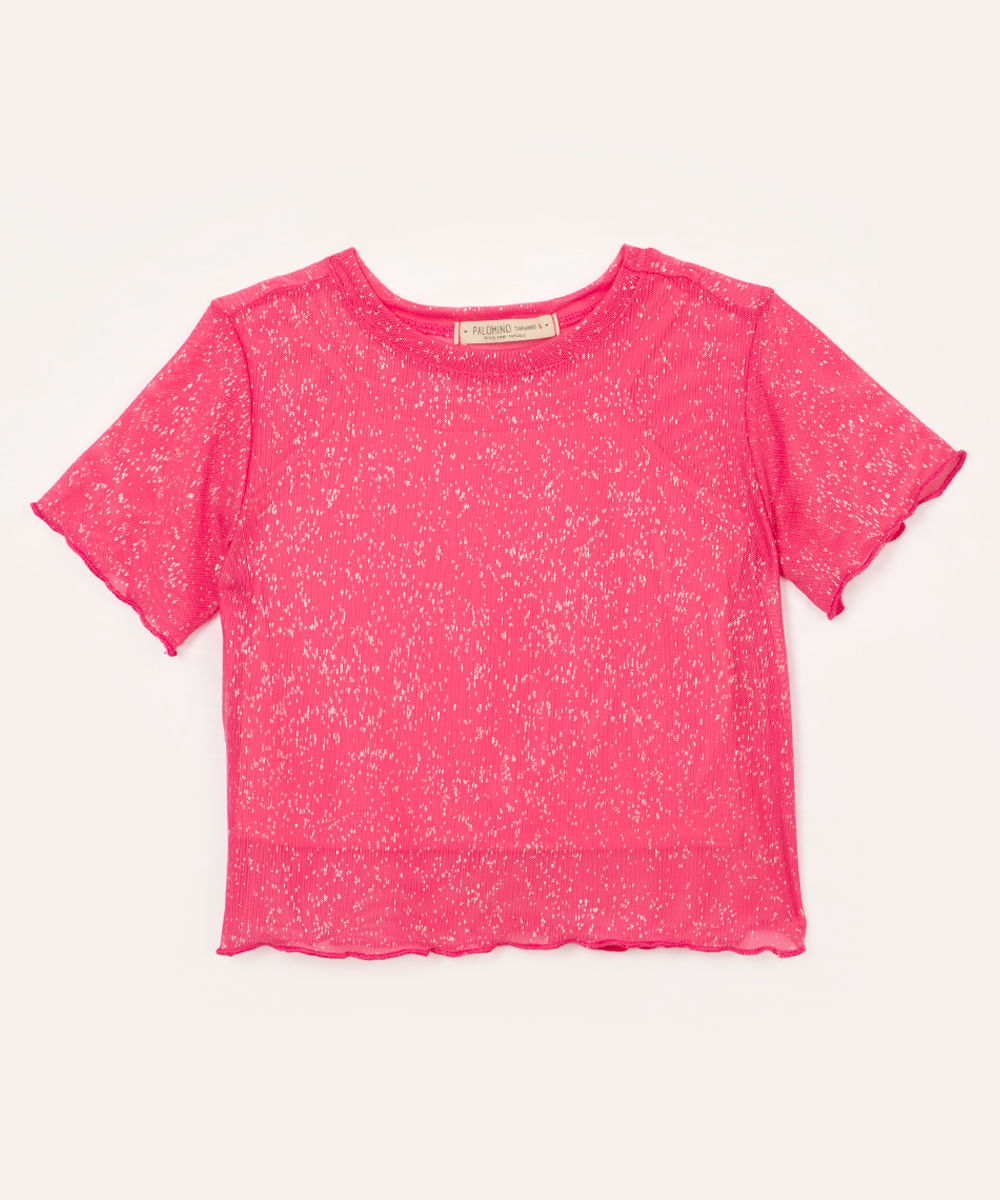 blusa infantil de tule brilhos manga curta rosa