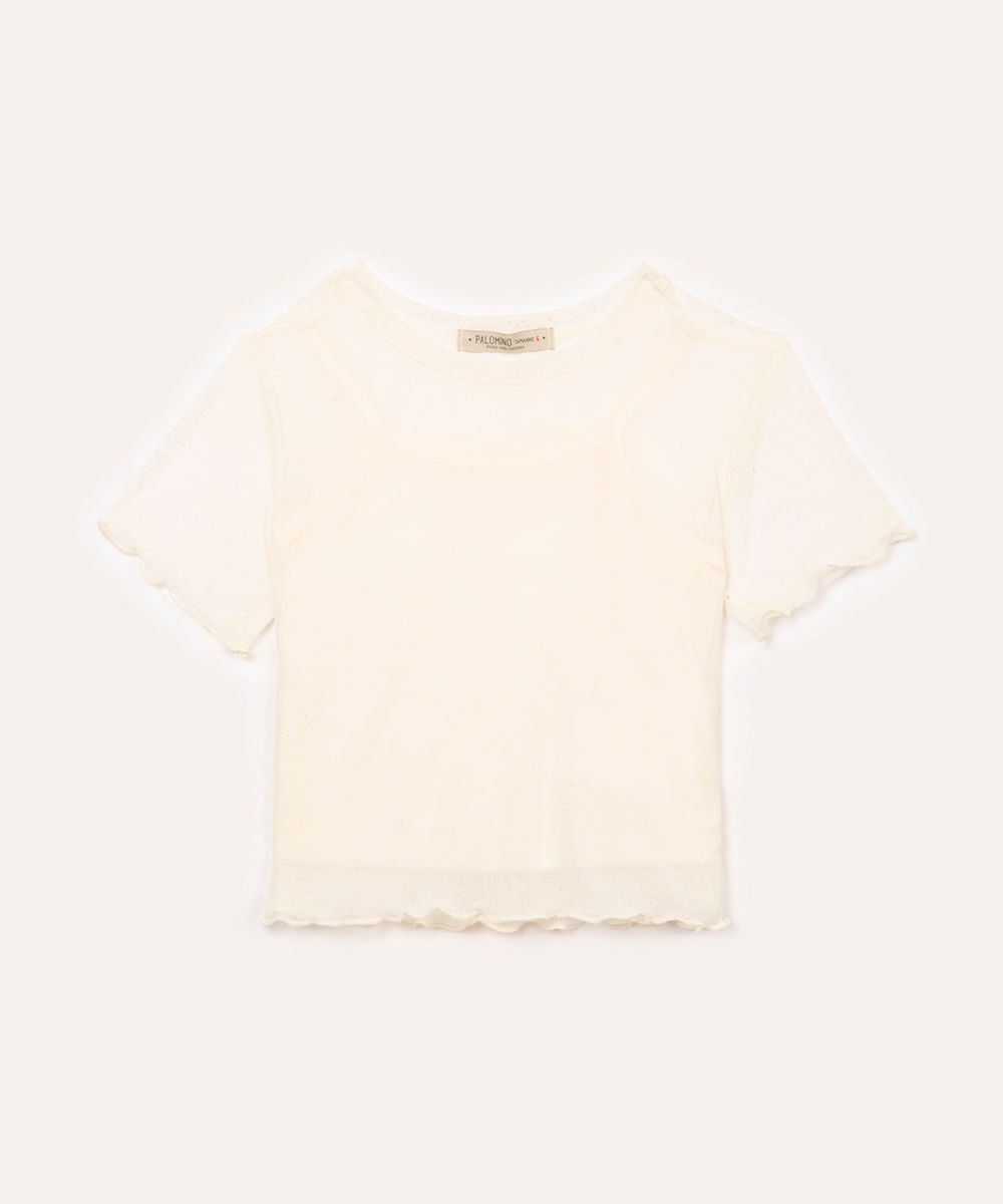 blusa infantil de tule brilhos manga curta off white