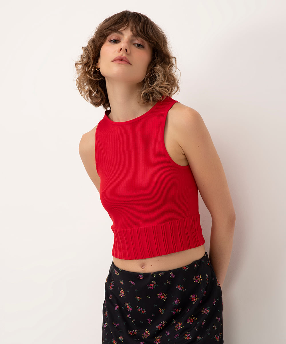 cropped canelado halter neck alça média vermelho