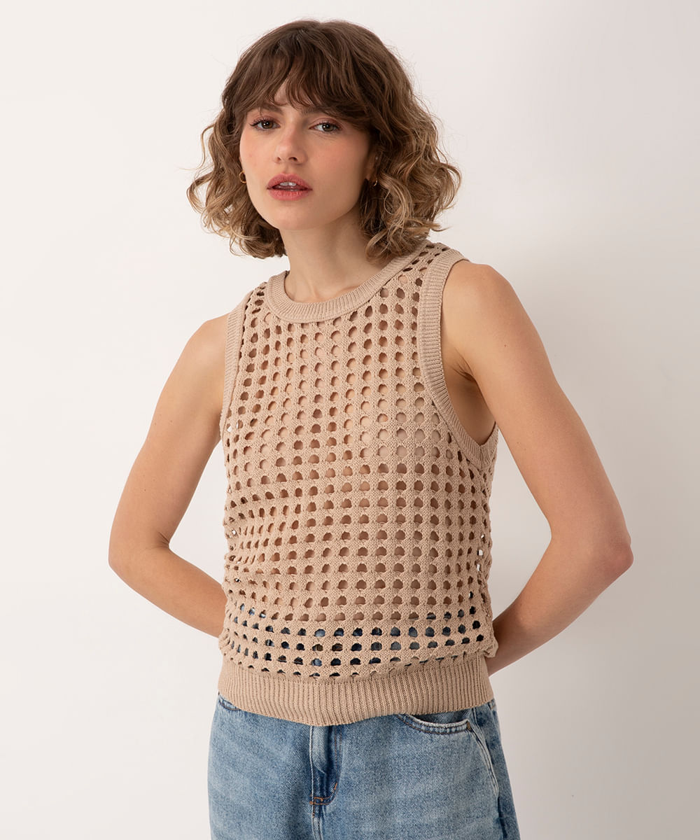 blusa de tricot canelada bege claro