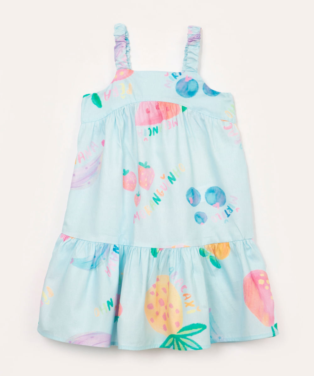 vestido midi infantil frutas alça franzida azul