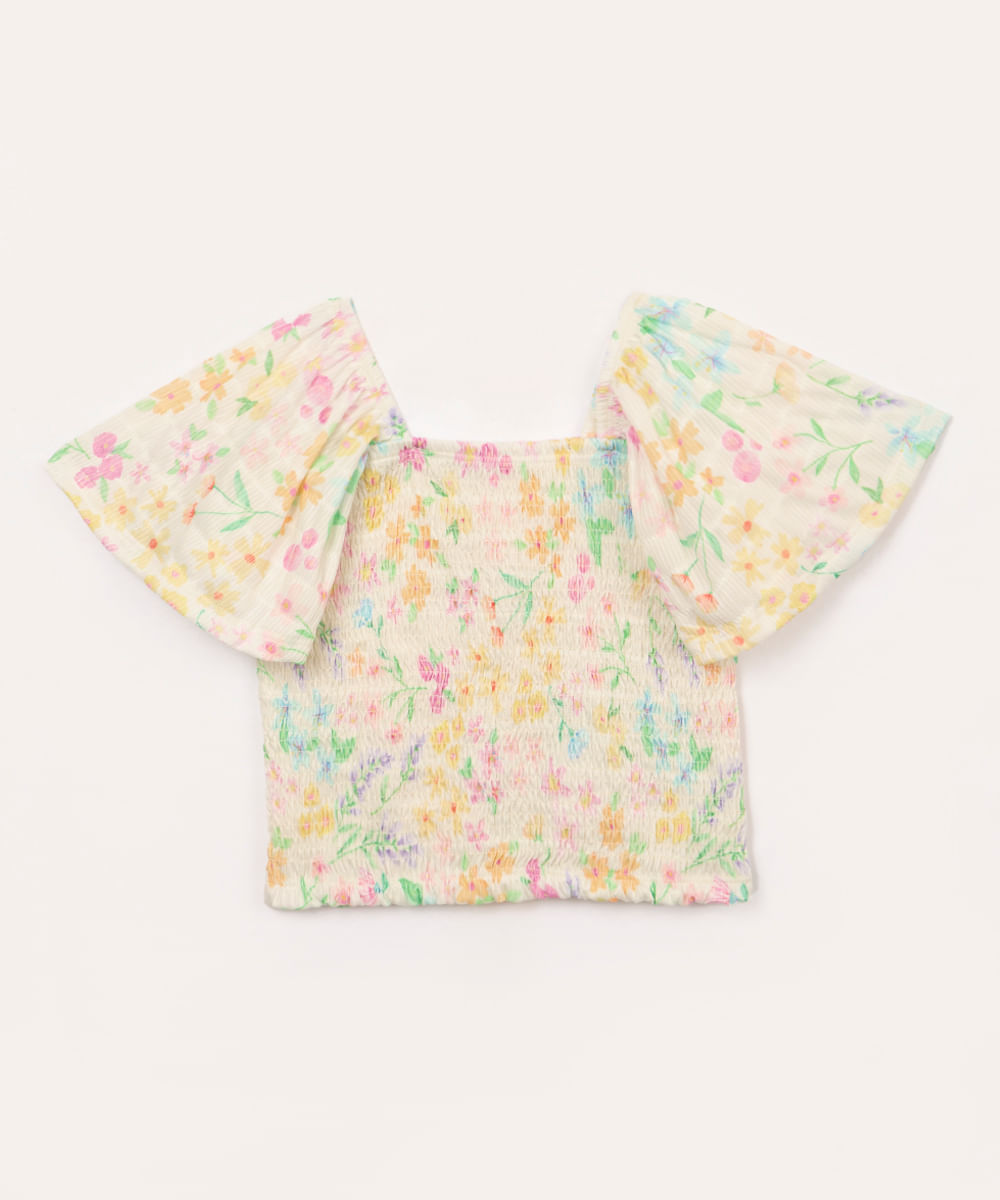 blusa cropped infantil de lastex floral manga babado colorido