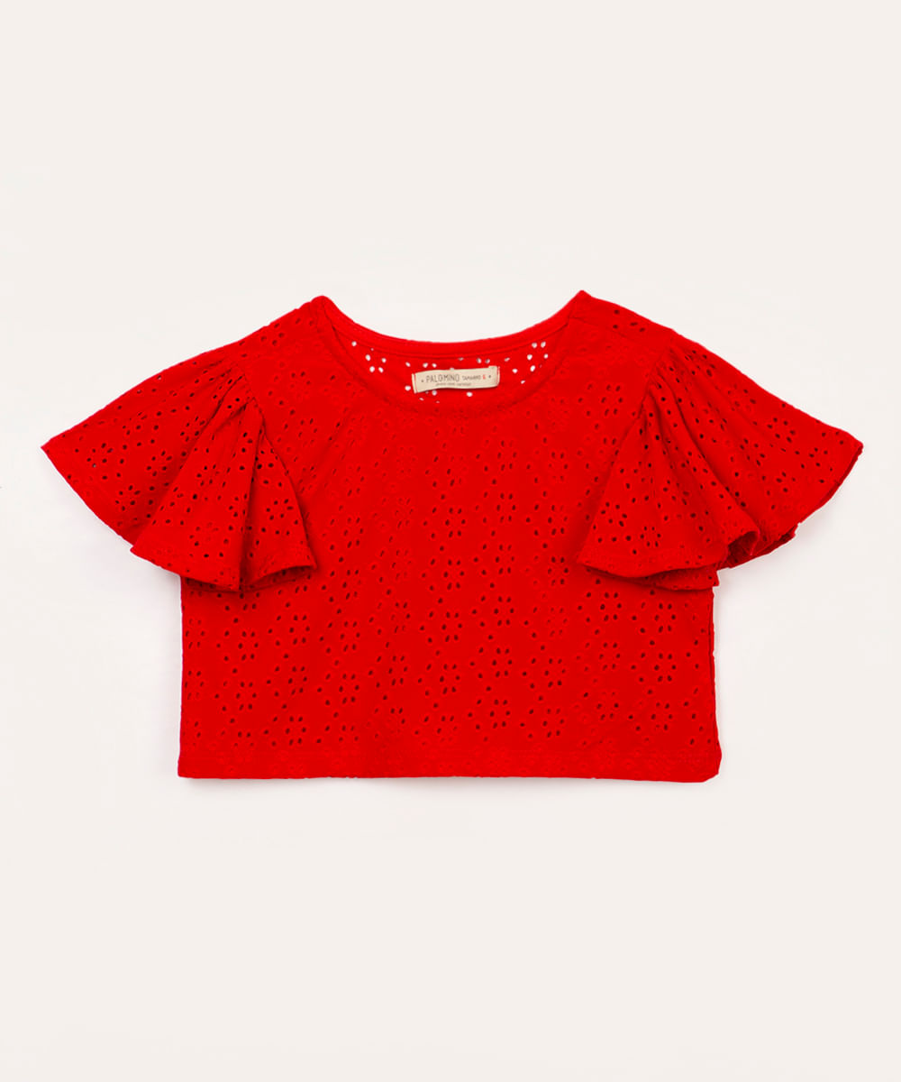 blusa cropped infantil de laise manga babado vermelho