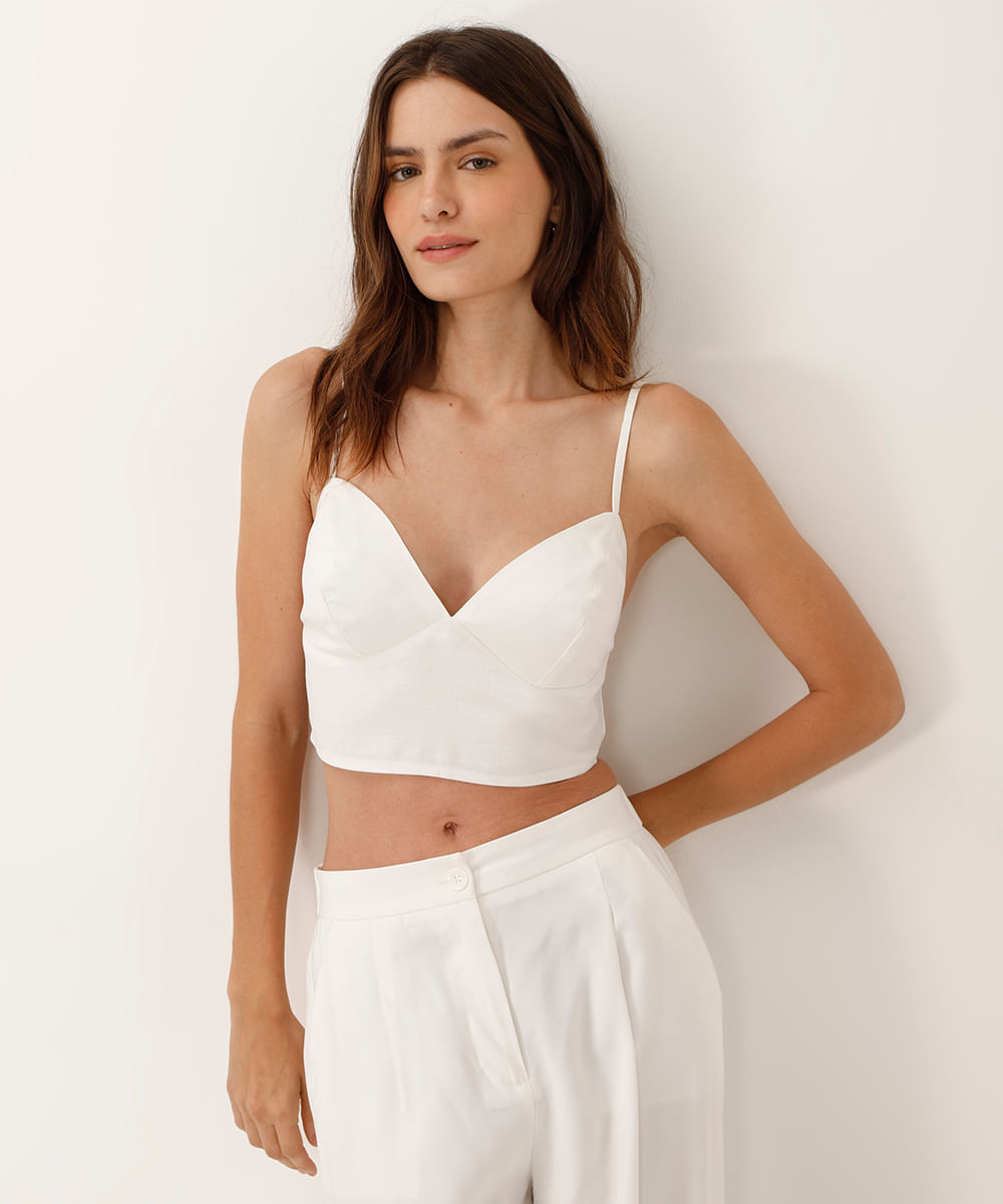 top cropped decote v alça fina branco