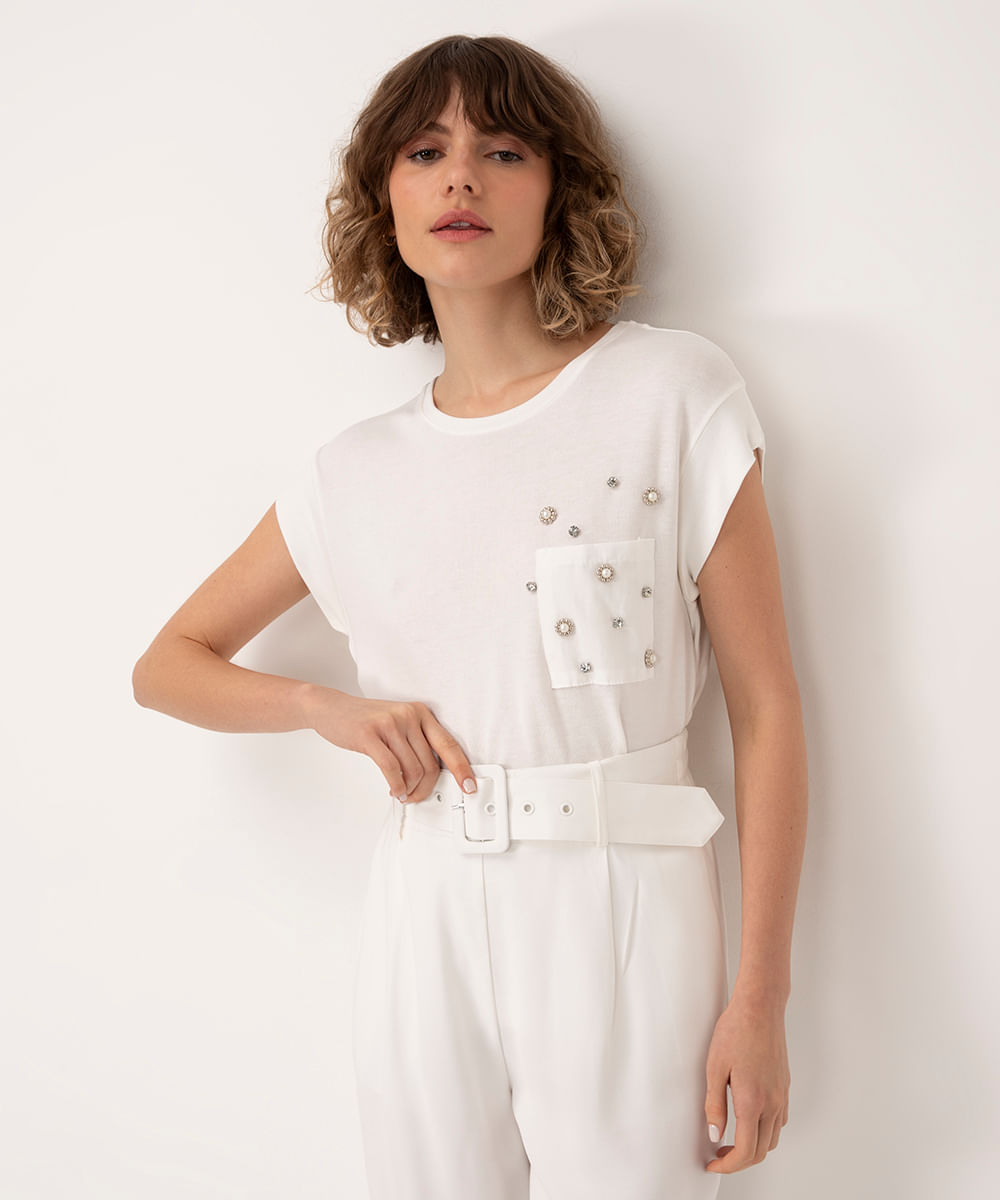 blusa de tricot com bolso bordado strass off white