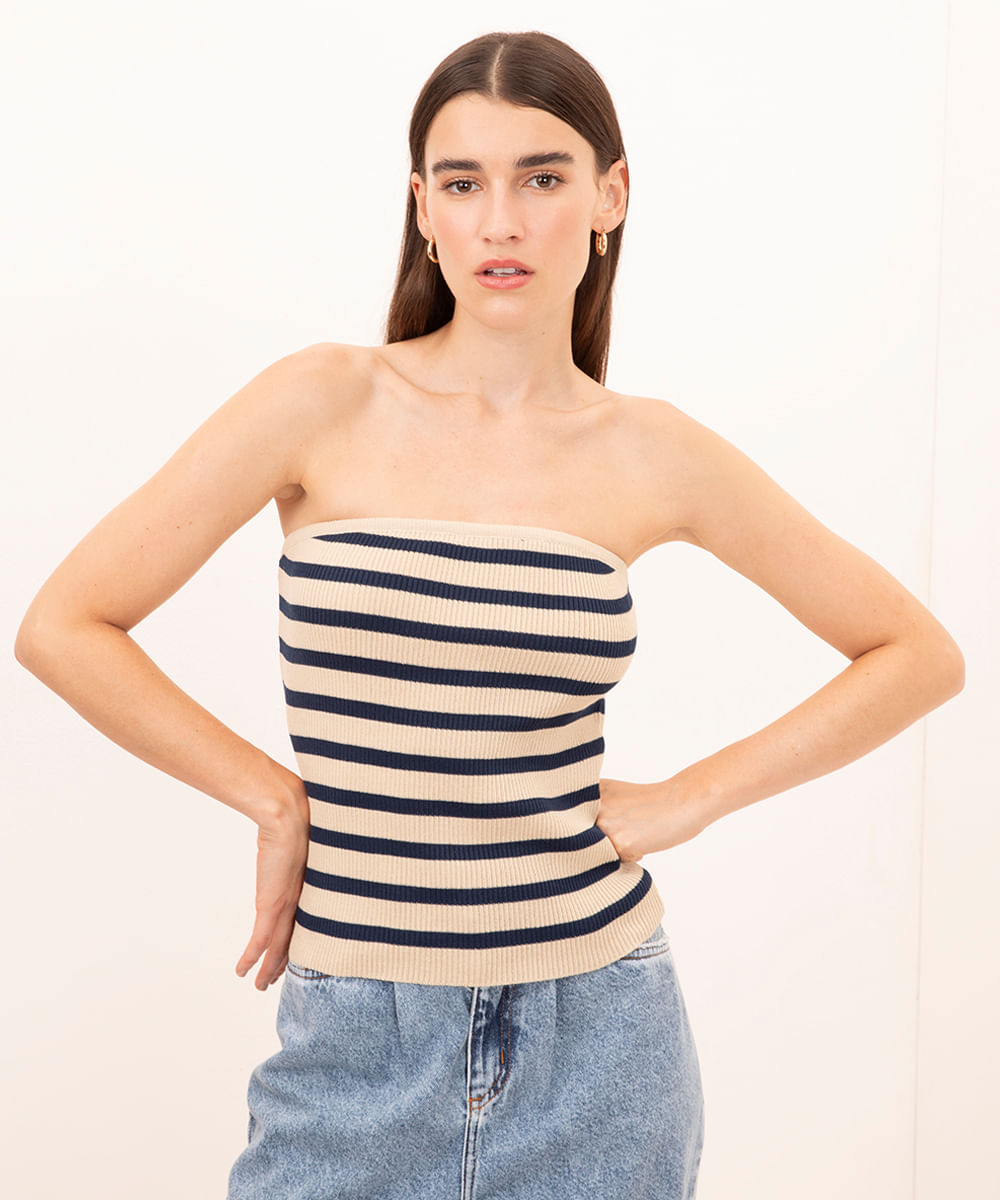 blusa de tricot sem alça listrada mindset azul marinho