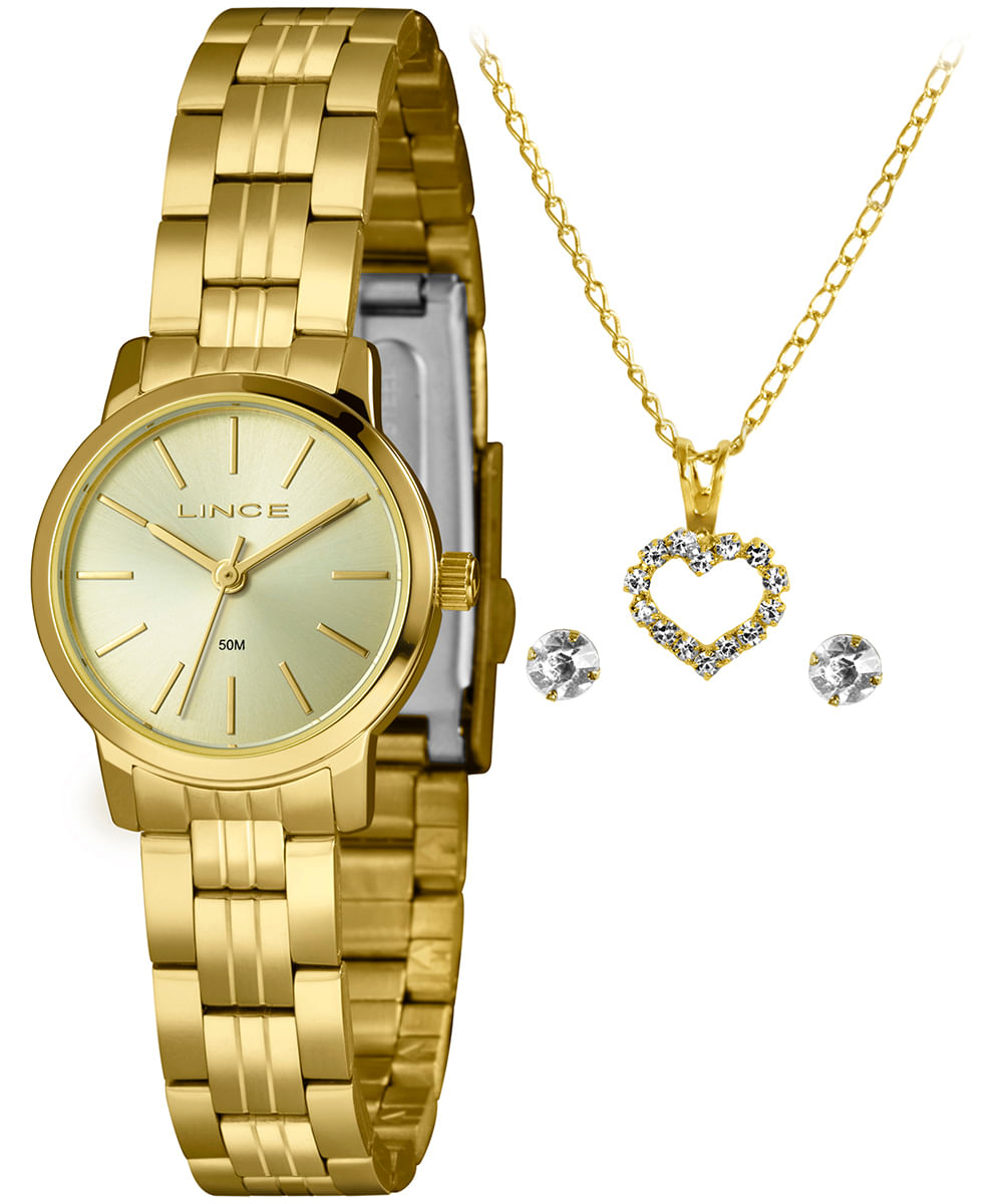 kit relógio analógico lince LRGH170L25 com colar e brincos dourado