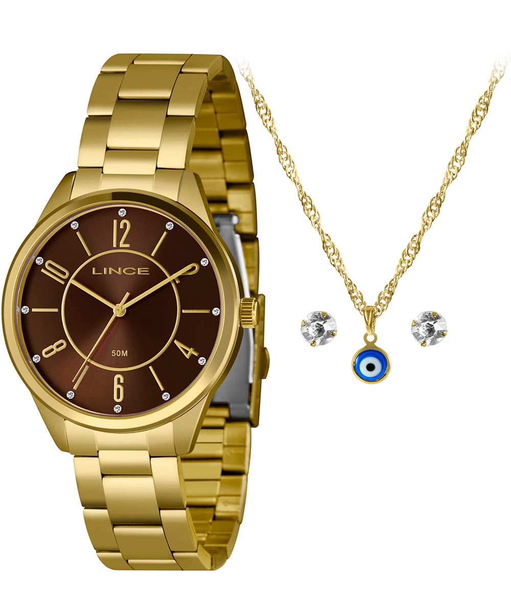kit relógio analógico lince LRG4750L40 com colar e brincos dourado