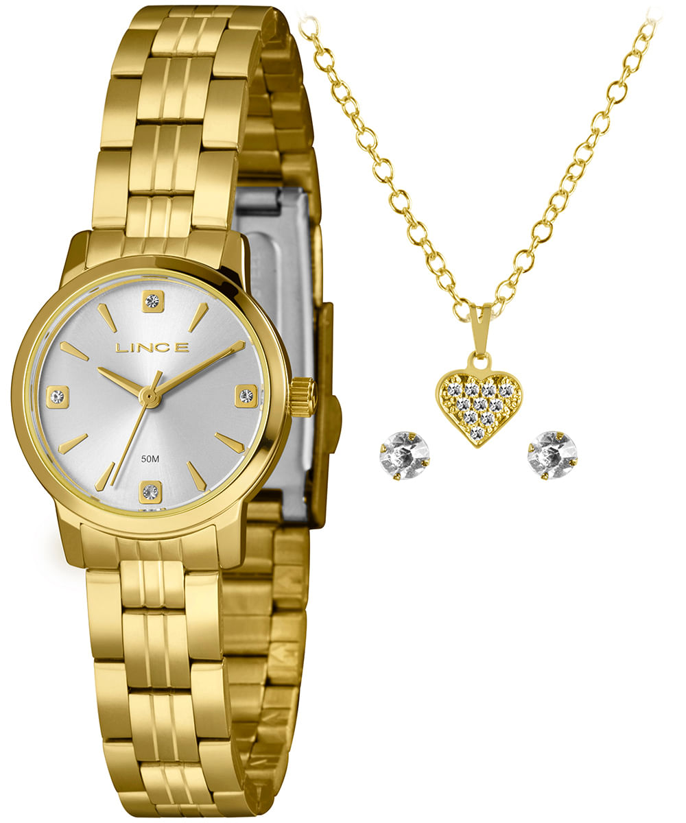 kit relógio analógico lince LRGH172L25 com colar e brincos dourado