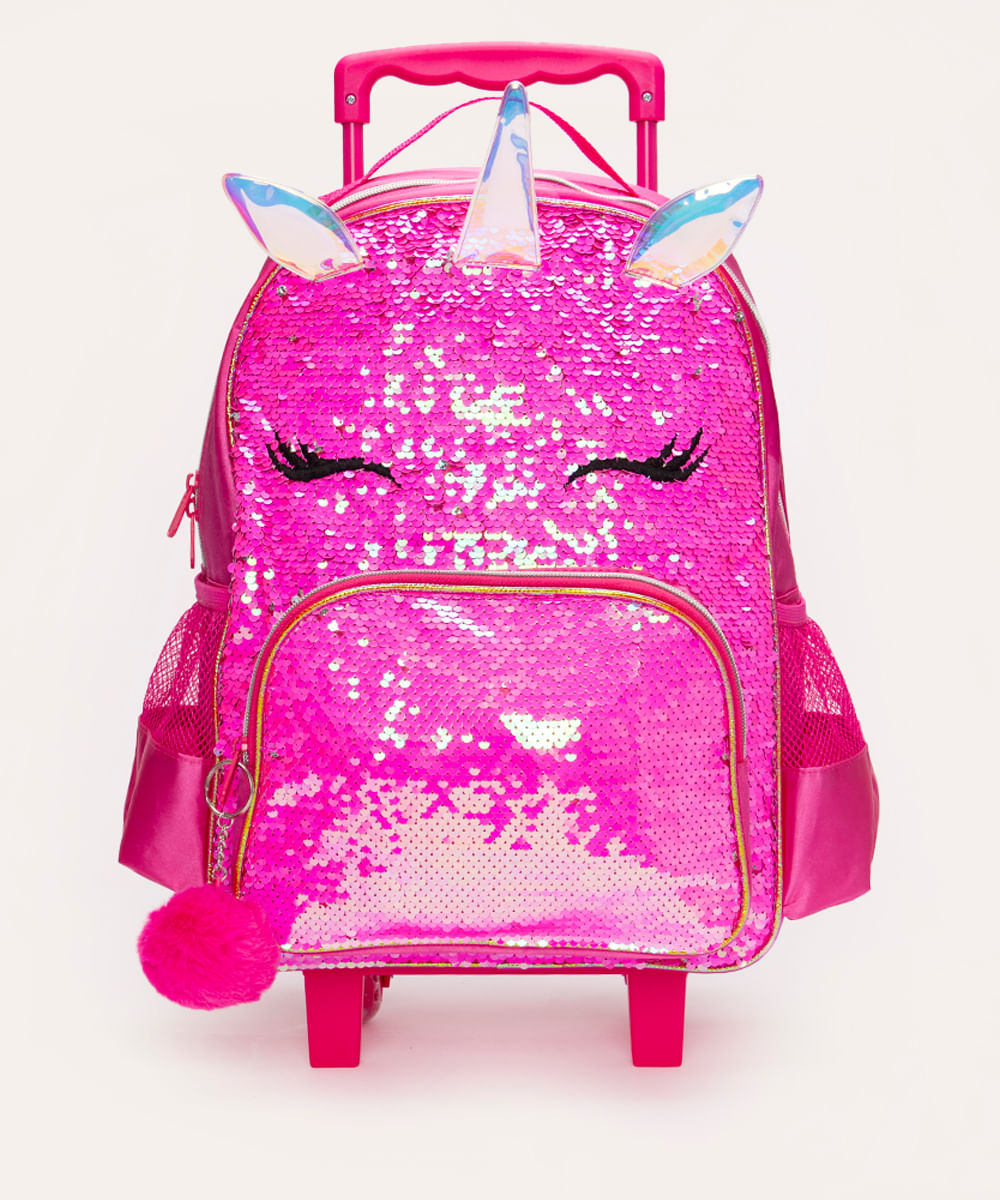 mochila de rodinha infantil unicórnio de paetê rosa
