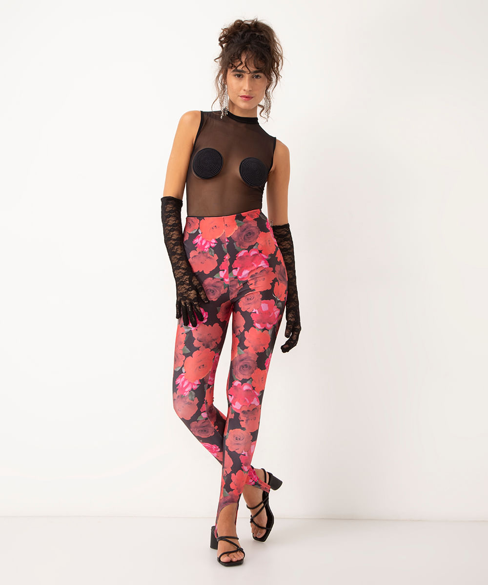 calça legging floral com pezinho cintura alta preta