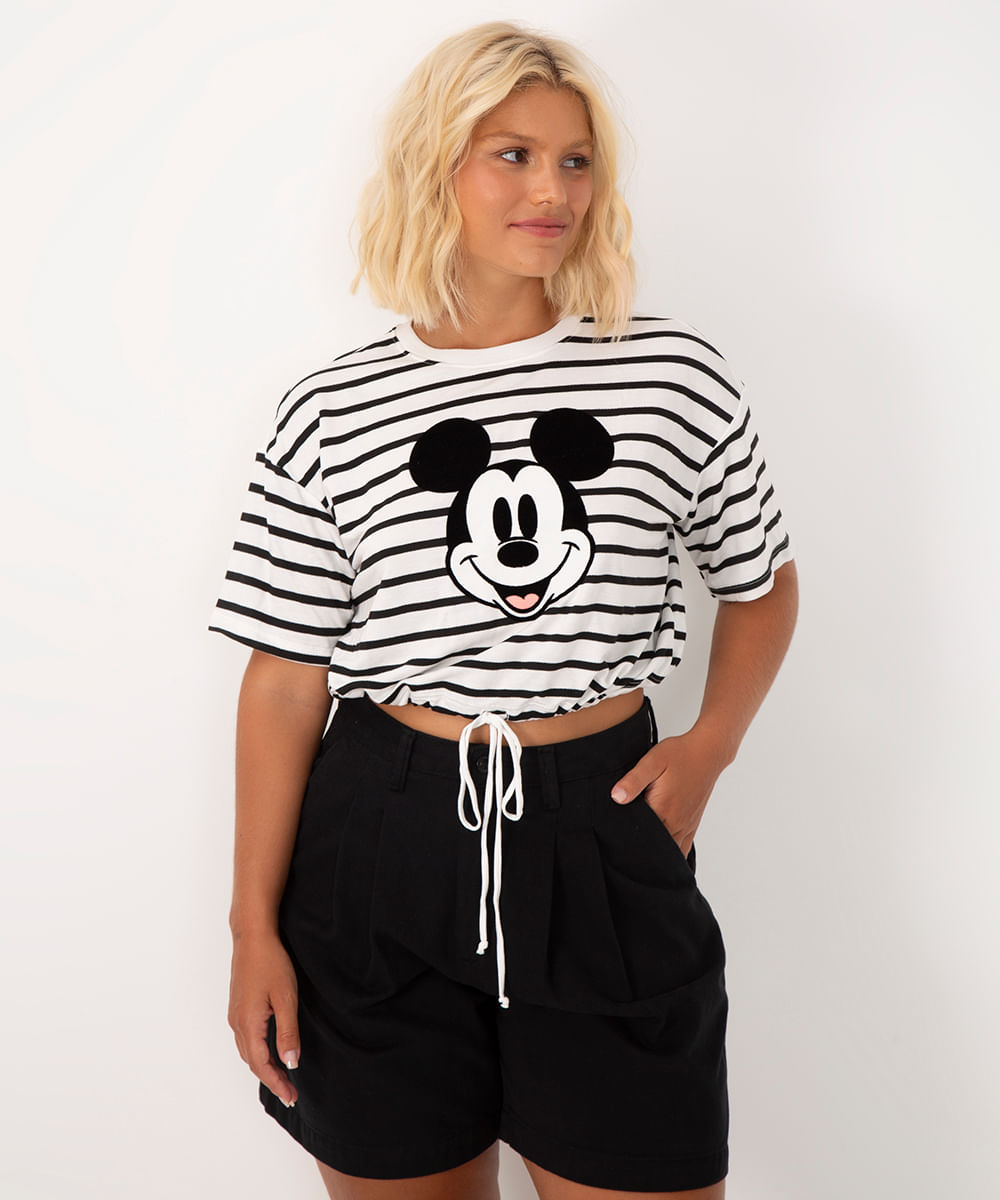 cropped de algodão mickey listrado manga curta off white