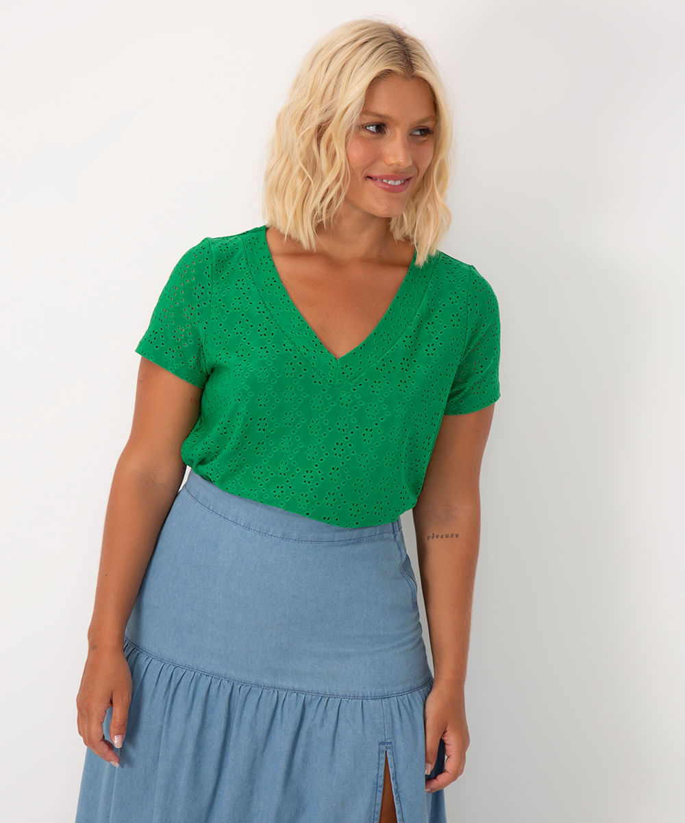 blusa de laise decote v manga curta verde