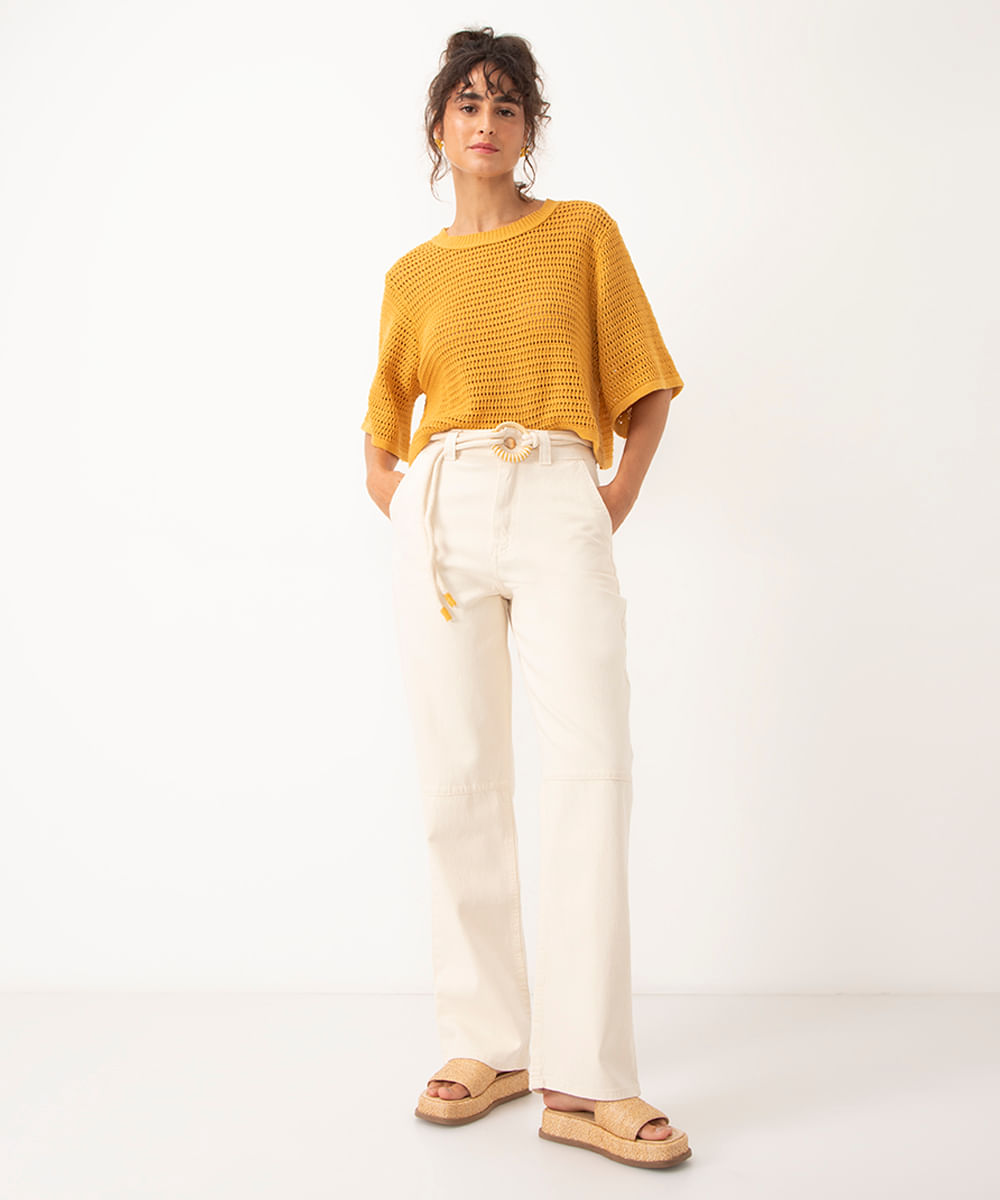 calça de sarja wide leg cintura super alta com cinto de corda off white