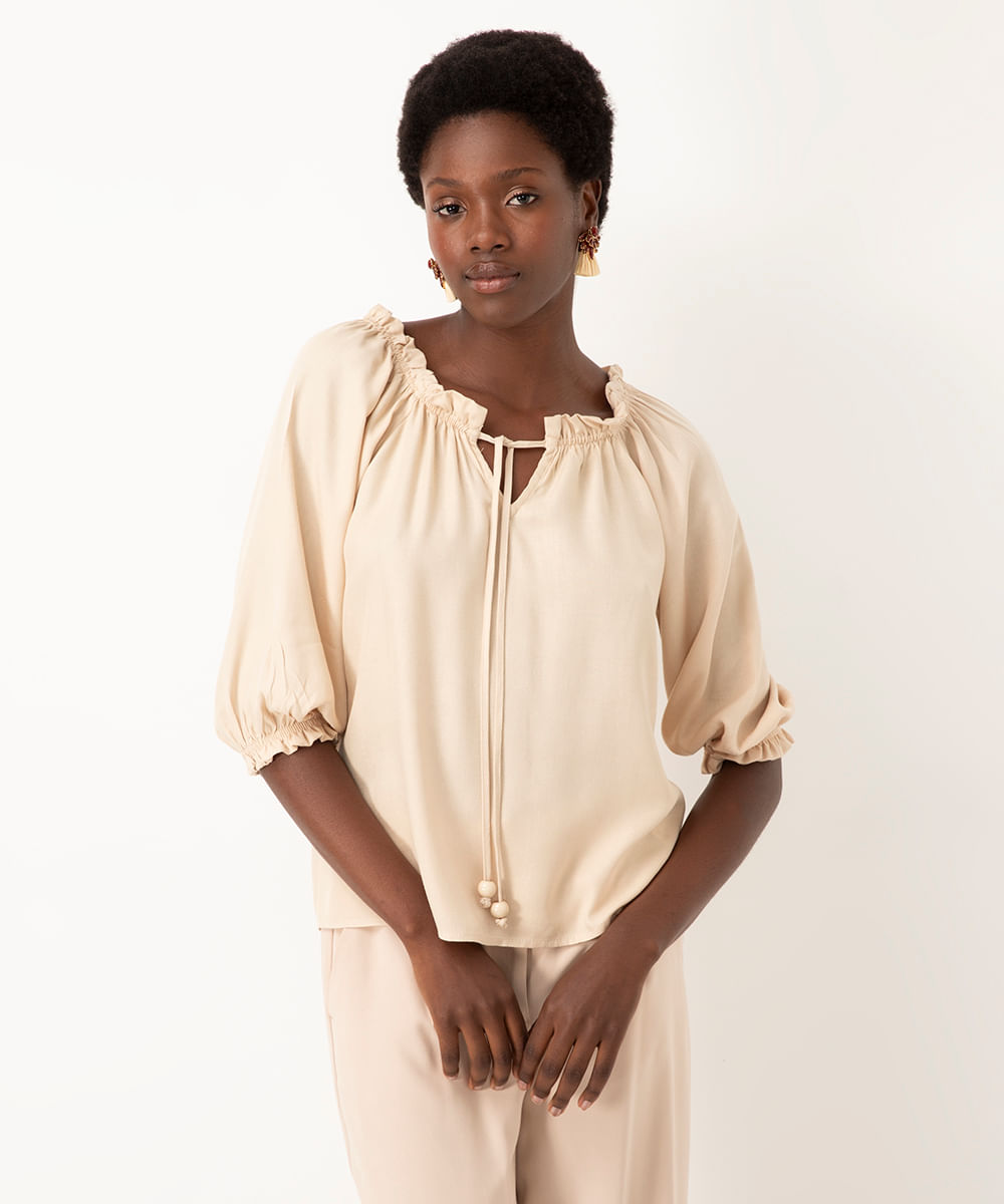 bata de viscose com cordão e elástico manga longa bege médio