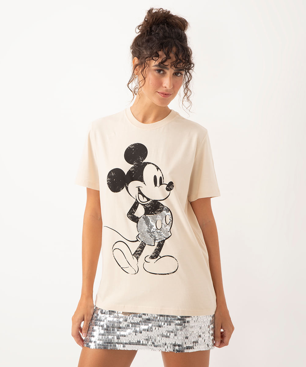 camiseta de algodão mickey com paetê manga curta bege médio