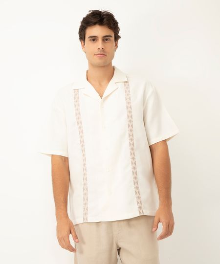 camisa com linho e bordado manga curta off white PP