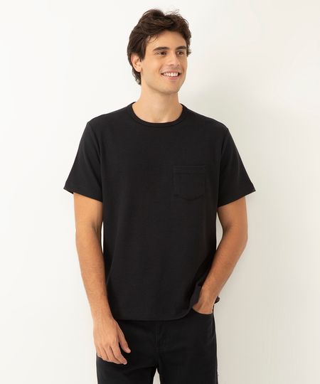 camiseta de algodão básica texturizada com bolso manga curta preto P