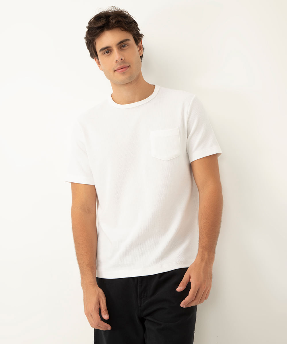 camiseta de algodão básica texturizada com bolso manga curta branco