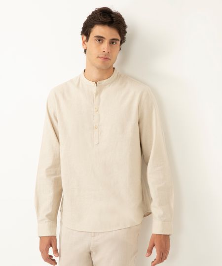 bata de linho gola padre manga longa bege G bata de linho gola padre manga longa bege G