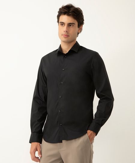 camisa slim fit de algodão manga longa preta P camisa slim fit de algodão manga longa preta P