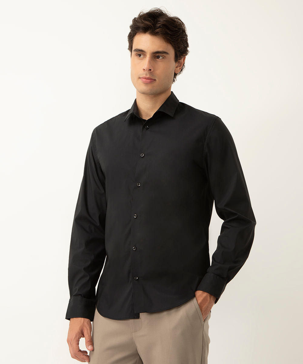 camisa slim de algodão manga longa preto