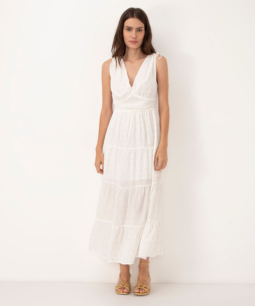 vestido longo decote v com bordado lurex off white