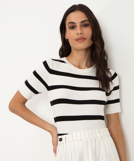blusa de tricot manga curta listrada off white PP