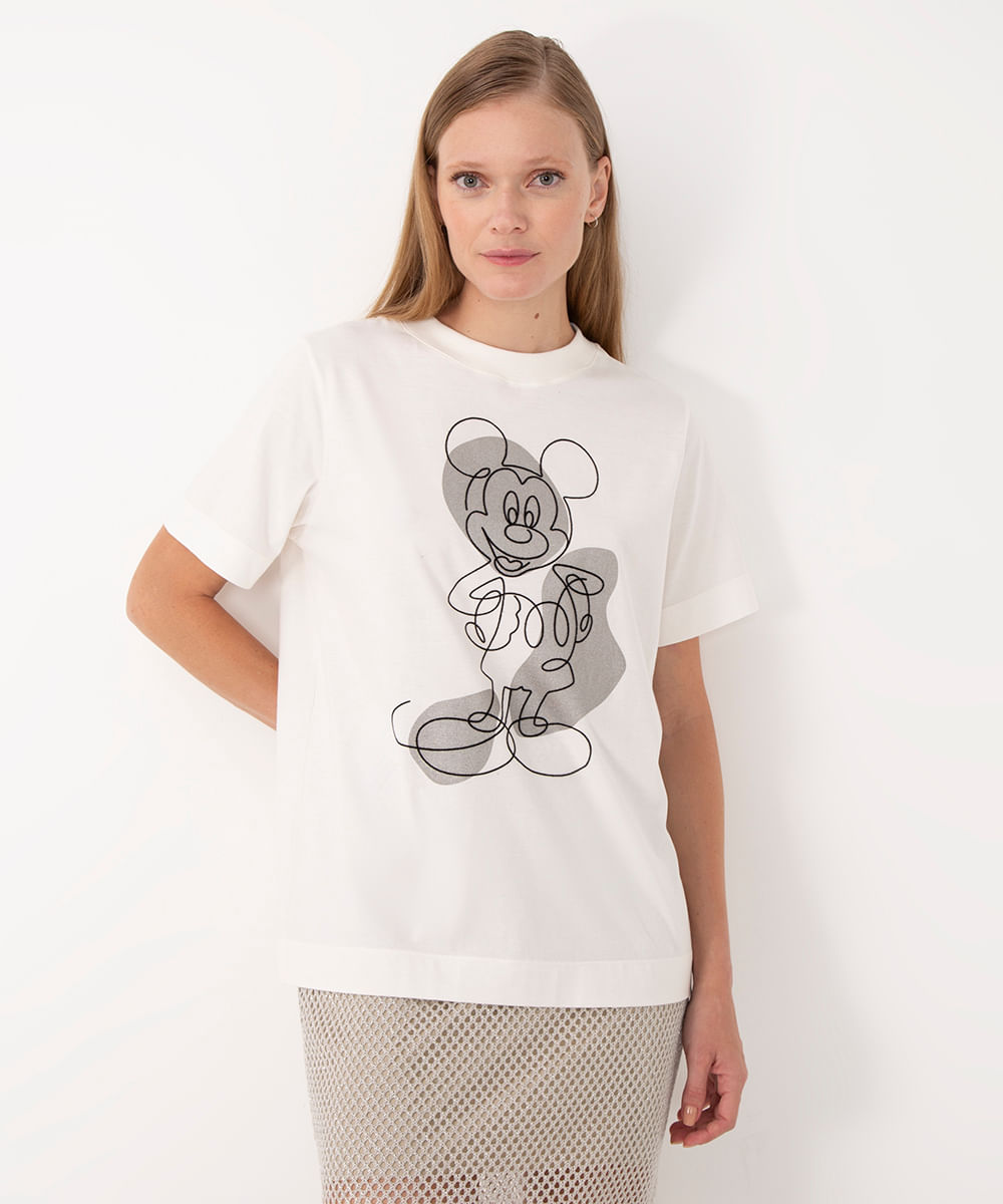 camiseta de algodão mickey brilho manga curta off white