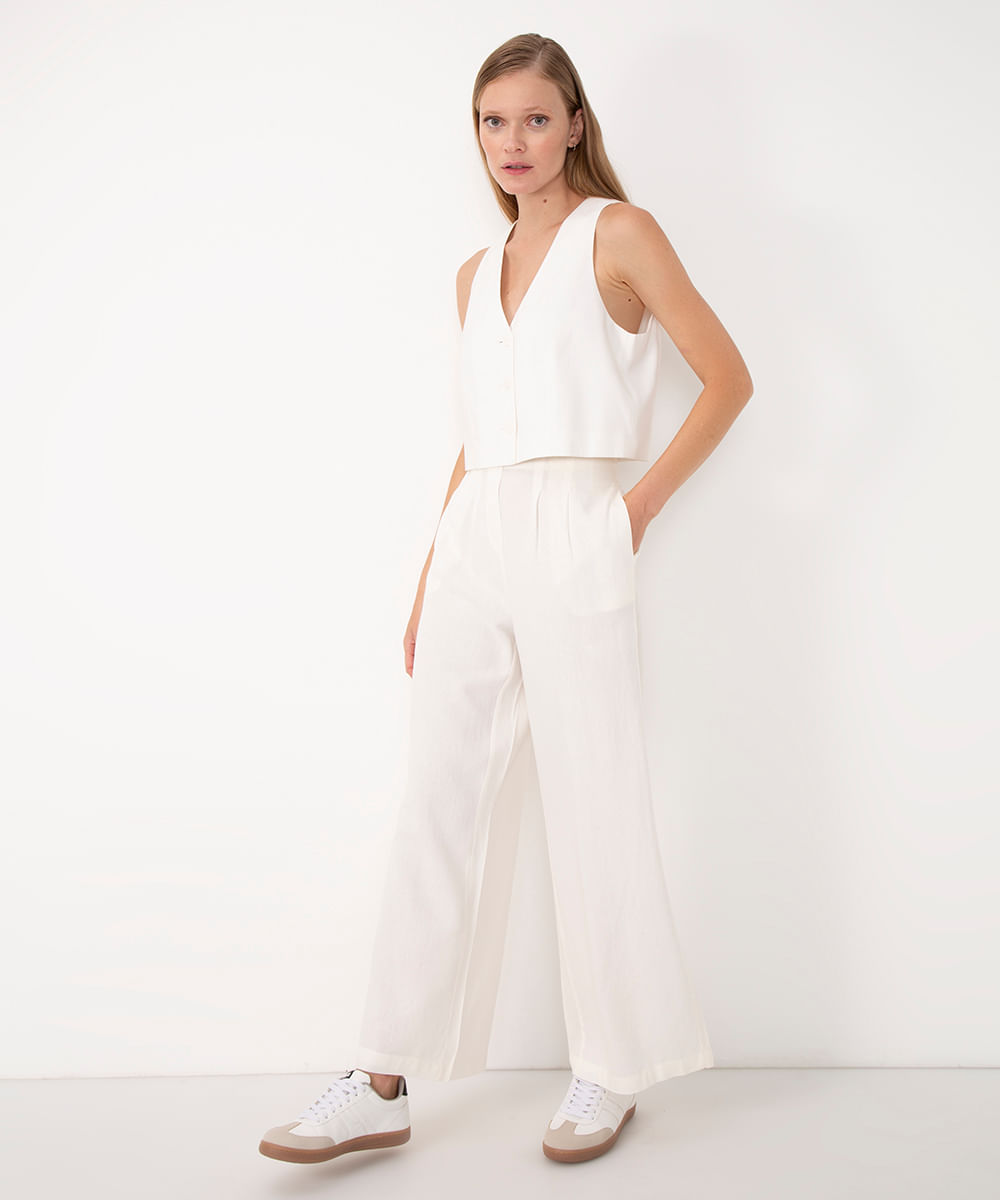 calça wide leg com linho cós elástico off white