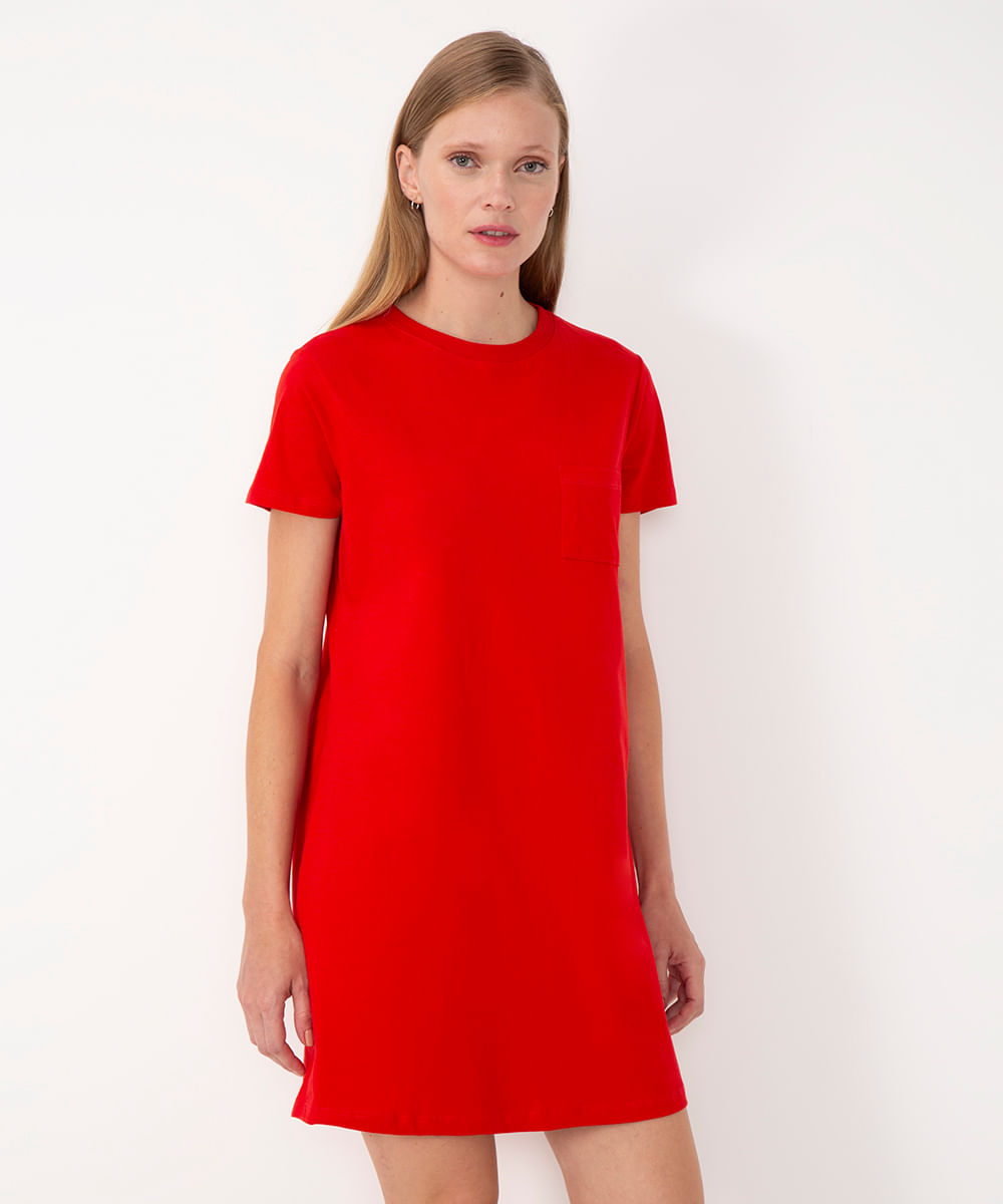 vestido básico de algodão manga curta vermelho escuro