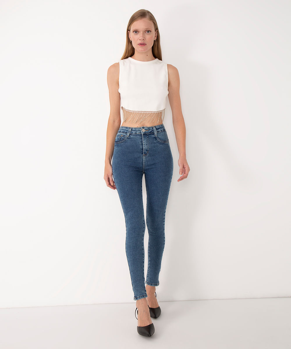 calça jeans skinny cintura alta push up sawary azul médio