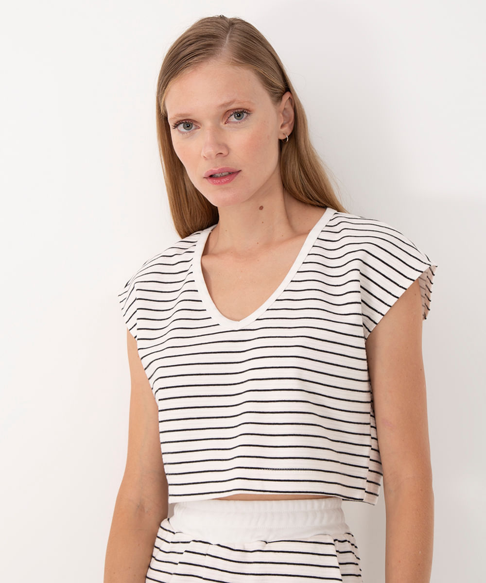 cropped de algodão listrado decote v off white